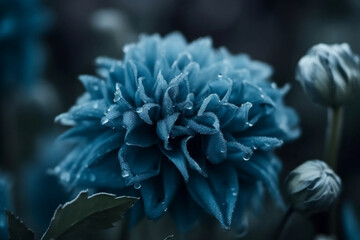 Deeply cold and frozen blue flower blossoms at closeup as floral background generative ai