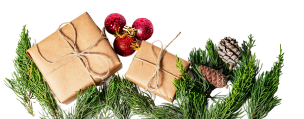 Christmas ornaments and gift isolated on white or transparent background.