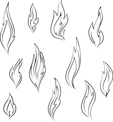 Fire candle or match. Set of different flame shapes. Close up simple design element. Vector illustrations in hand drawn sketch style isolated on white. Black outline graphic for print, coloring book