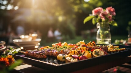 Naklejka na ściany i meble A Delicious Grilled Feast to Satisfy Your Appetite. A grill that has some meat and vegetables on it.
