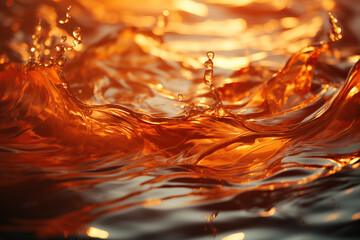 The surface of the water with the light of sunset. Waves and splashes.