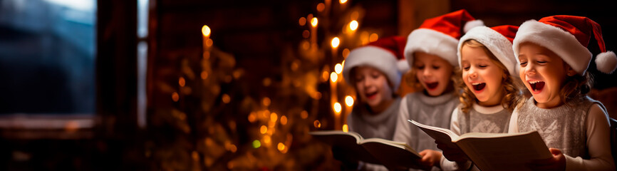 Children wearing santa hats and singing Christmas carols. Concept of Christmas time and the magical...