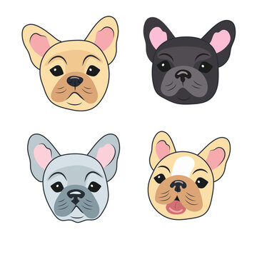 Four stickers Heads of cute French bulldog puppies on a white background