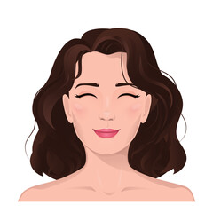 Face portrait of women with brown hair. Facial expression with smiling gesture isolated vector illustration. Avatar for a social network. Vector flat illustration, web, design, beauty and make up.