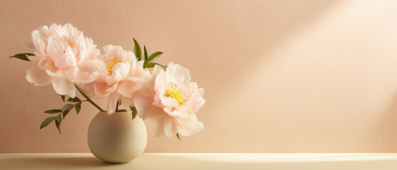 Fototapeta na wymiar flower in vase background, Sunlit shadows on a neutral peachy beige backdrop peony flower.