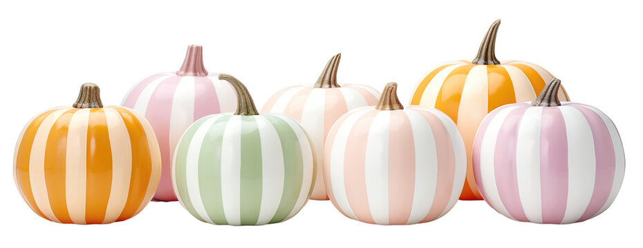 Beautiful, colorful, and striped painted pumpkins for Halloween or Thanksgiving, in pastel colors, on a white or transparent background.