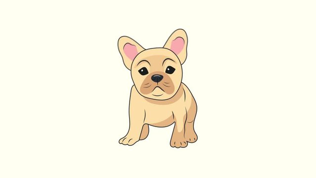 Animation illustration motion graphics Cute playful beige French bulldog puppy with big ears on a white background