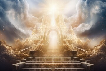 Celestial stairway ascending towards a luminous heavenly portal. - obrazy, fototapety, plakaty
