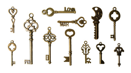 Antique bronze keys, isolated on white or transparent background.