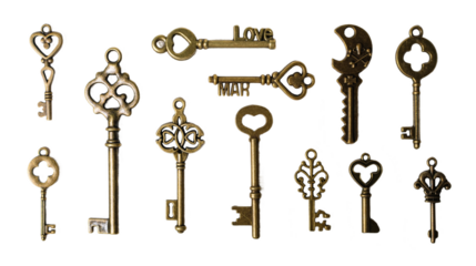 Antique bronze keys, isolated on white or transparent background.