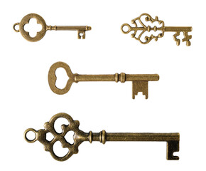 Antique bronze keys, isolated on white or transparent background.