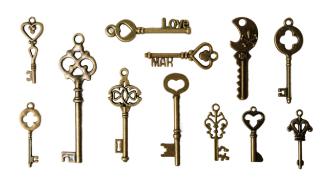 Antique bronze keys, isolated on white or transparent background.