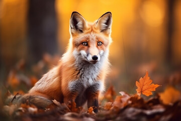 Naklejka na ściany i meble Cute Red Fox, Vulpes vulpes, fall forest, Beautiful animal in the nature habitat, Orange fox, detail portrait, soft light photography