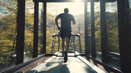 Running man practice on treadmill at the fitness. - obrazy, fototapety, plakaty