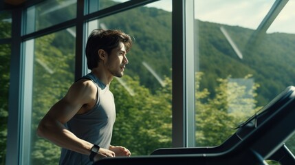 Naklejka premium Running man practice on treadmill at the fitness.