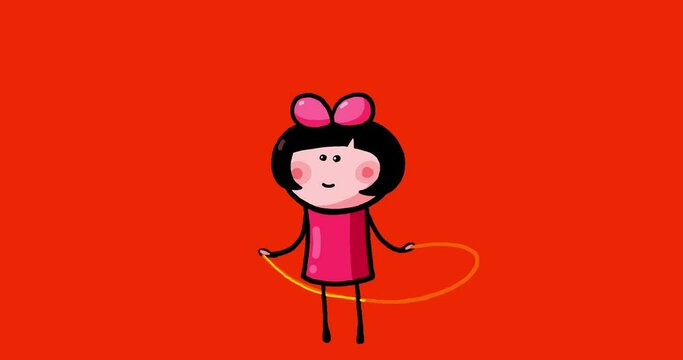 Cartoon pink kid character moves Kasia skipping rope non stop loop play black white mask. Moving child serie transparent greenbox. Useful content presenter no background.