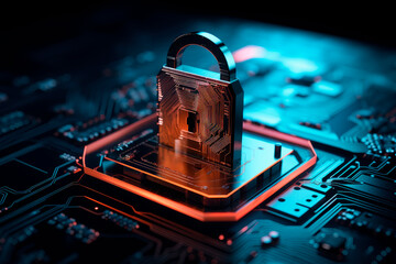 Padlock on computer motherboard, cyber security concept - obrazy, fototapety, plakaty