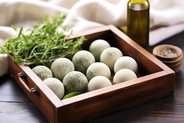 herbal compress balls in a wooden tray