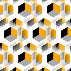 many orange grey and black Escher cubed pattern and design on a white background