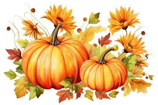 Autumn Watercolor Pumpkin with Flowers Clip Art Illustration on a white or Transparent Background. PNG