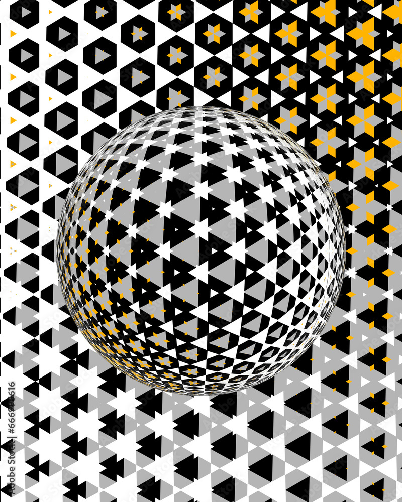 Poster hexagonal connected golden pattern over a 3d sphere