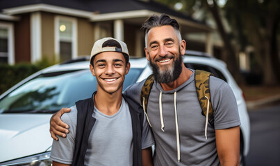 Family Milestone: Father and Son Pose Next to the Young Man's First Car