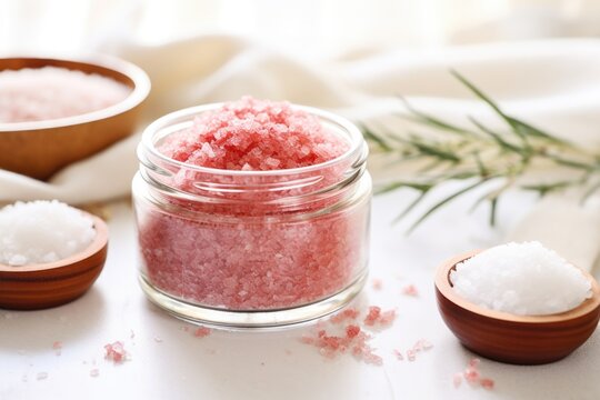 relaxing bath salts poured into a clear glass jar by the tub