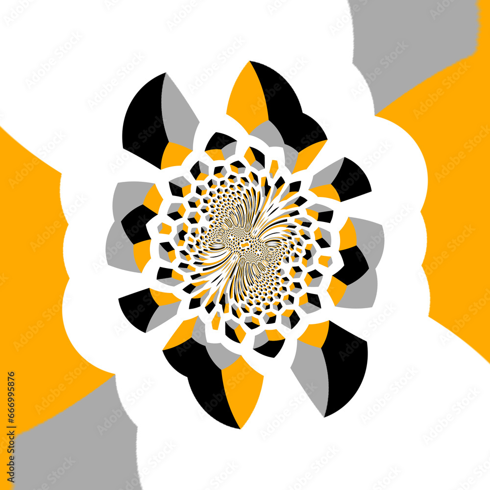 Poster many orange grey and black escher cubed pattern and design on a white background cyclone style desig