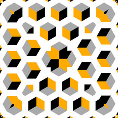 many orange grey and black Escher cubed pattern and design on a white background