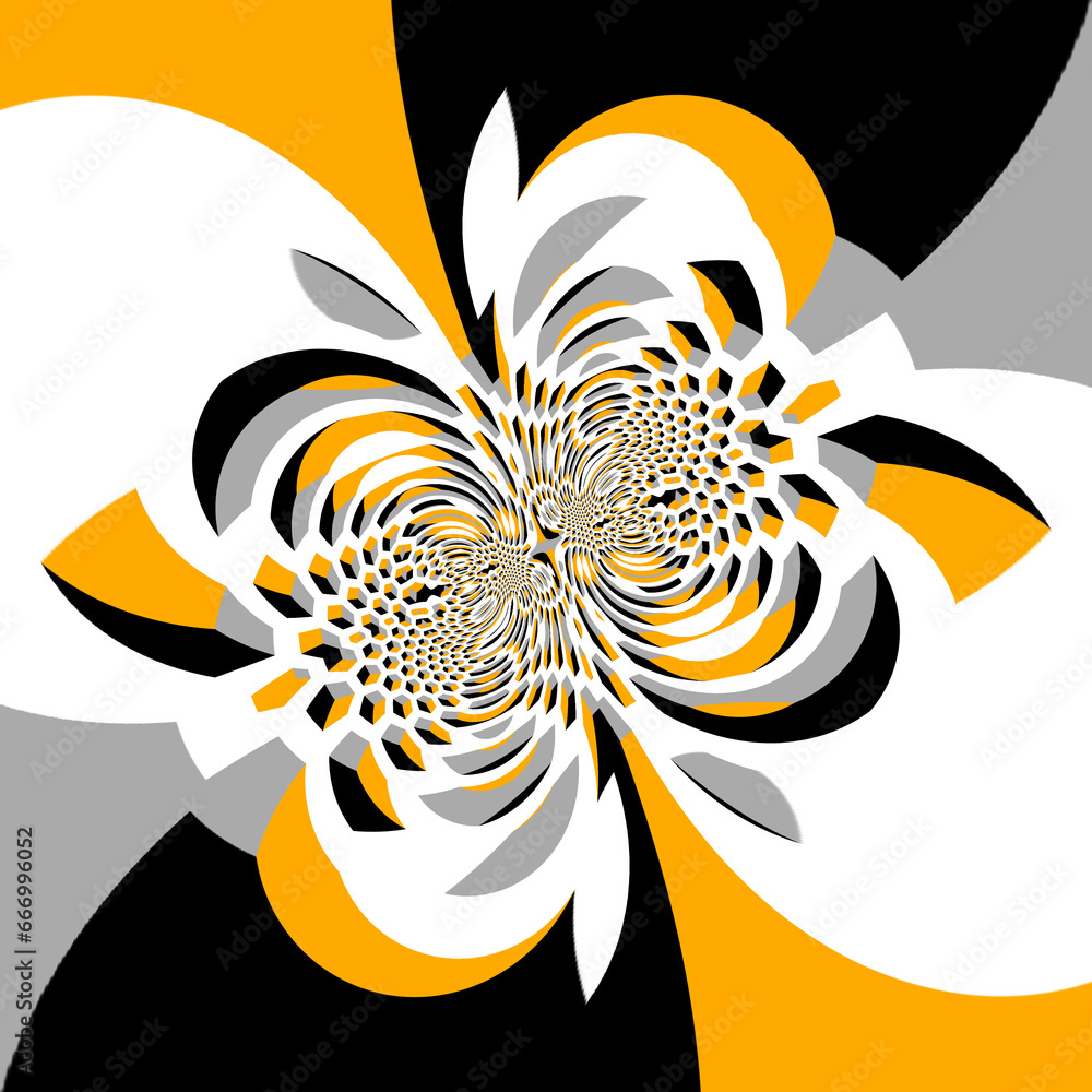 Poster many orange grey and black escher cubed pattern and design on a white background cyclone style desig