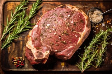 top view of a juicy beef roast garnished with fresh rosemary and garlic
