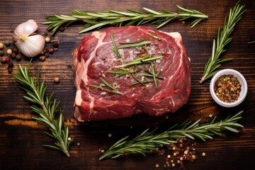 top view of a beef roast nestled amongst garlic bulbs and sprigs of rosemary - obrazy, fototapety, plakaty