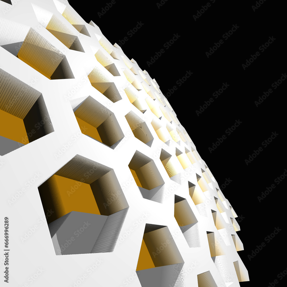 Poster many orange grey and black escher cubed pattern and design on a white background