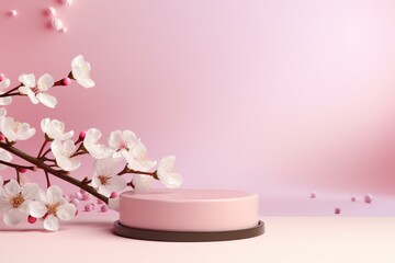 Obraz na płótnie Canvas 3D background with pink podium display, sakura pink flower on pastel silk cloth, cosmetic or beauty product promotion step floral pedestal, abstract minimal advertise, 3D render copy. Generative AI