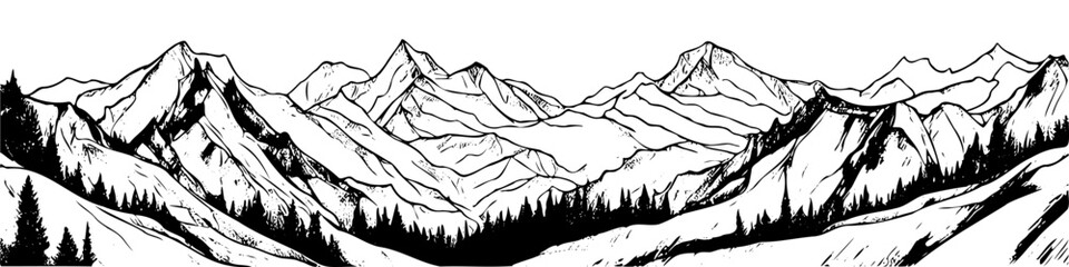 Vector sketch of hand drawn graphic mountain ranges and pine forest. Natural landscape. Black and white backgrounds for outdoor camping. banner vector, not created using AI