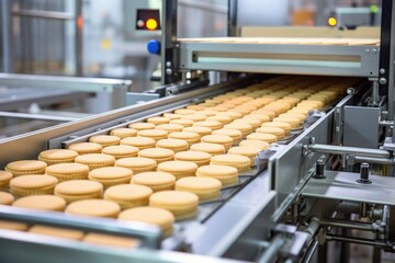 biscuits entering a wrapping unit on a conveyor belt