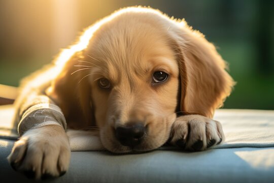 puppy with a bandaged paw in a soft light