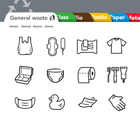 Ready sets of icons for separating waste. Vector elements are made with high contrast, well suited to different scales and on different media. Ready for use in your design. EPS10.