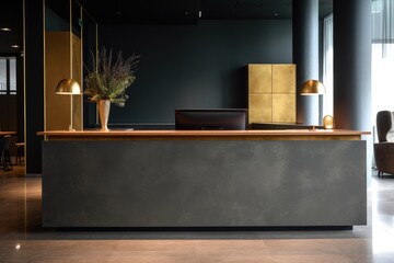 a hotel reception desk with a modern aesthetic