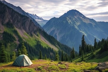 beautiful mountainside camping spot with a tent