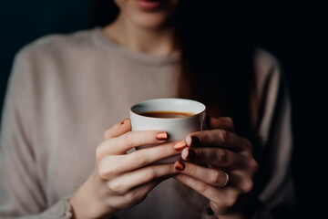 Cropped view of woman holding cup of coffee or tea closeup, dark light photography