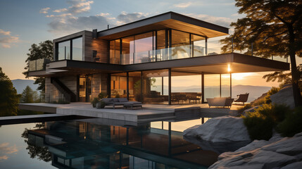 Obraz premium Modern exterior of a luxury villa in a minimal style. Glass house in the mountains. Magnificent mountain views from the veranda of a modern villa Luxury glamping sunset