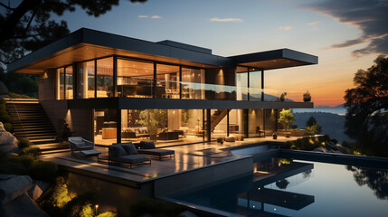 Fototapeta premium Modern exterior of a luxury villa in a minimal style. Glass house in the mountains. Magnificent mountain views from the veranda of a modern villa Luxury glamping sunset