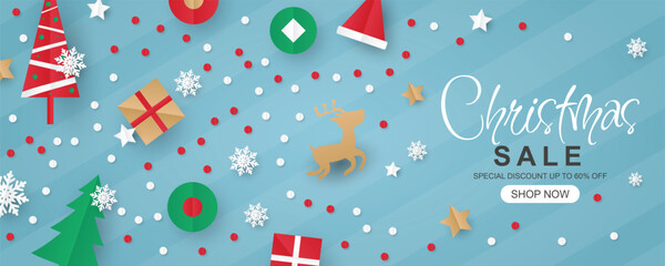 Christmas sale banner with 3d paper style design