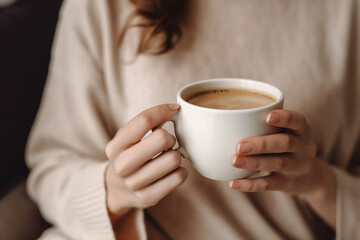 Cropped view of woman holding cup of coffee or tea closeup, soft light photography