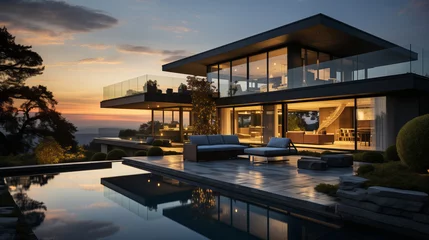 Foto op Plexiglas Modern exterior of a luxury villa in a minimal style. Glass house in the mountains. Magnificent mountain views from the veranda of a modern villa Luxury glamping sunset © ND STOCK