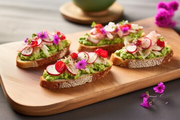 bruschetta with crushed avocado and thinly sliced radishes