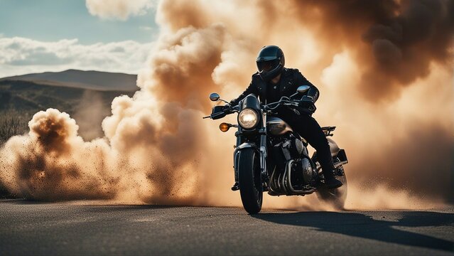 Motorcycle chase, epic scene from action movie, explosion