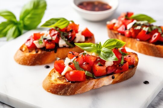 bruschetta on a marble countertop, sprinkled with basil leaves