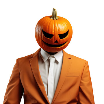 Orange Pumpkin Face Portrait of a Man's Head, A Businessman Wearing a Pumpkin Face Mask Isolated on a Transparent White Background, PNG